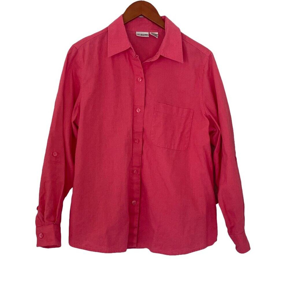 Liz Baker Linen Blend Pink Long Sleeve Roll Tab Button Down Shirt, Casual, LP